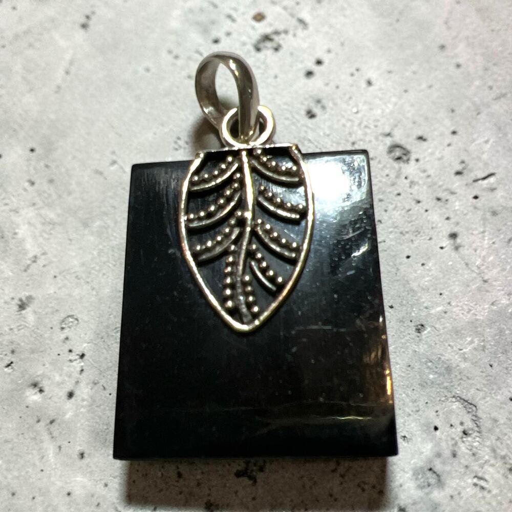 Sterling Silver Filigree Leaf Overlay Mounted on Geometric Black Resin or Glass